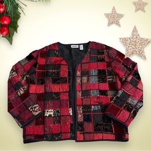 ❤️ Chicos Design Silk Wool Blend Tapestry Patchwork Jacket Red Black Plus Size 1